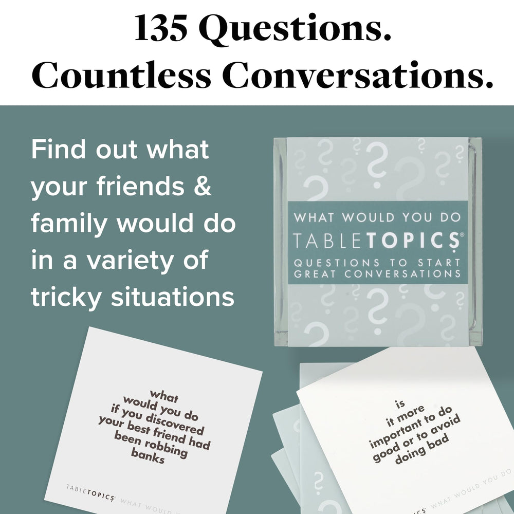 TableTopics 135-conversation-cards pack on table sparks lively debates.