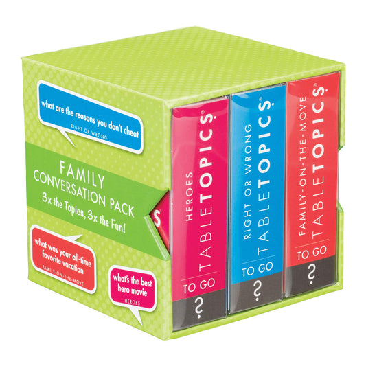 TableTopics Family Conversation Pack boxed set with three topics for family meals and trips