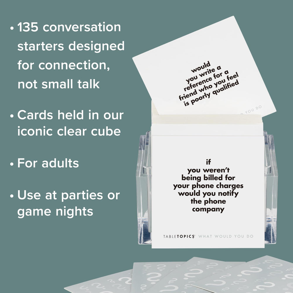 TableTopics party game on table prompts lively discussion among friends.