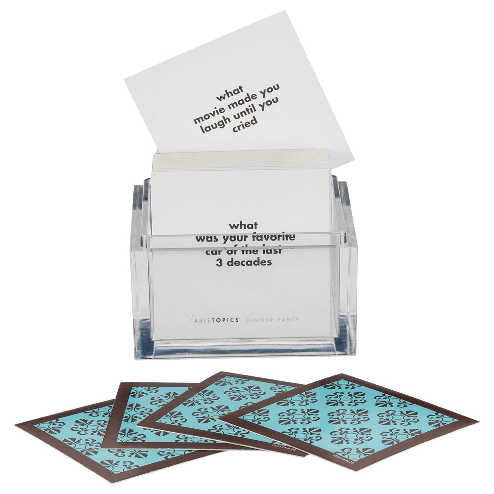 TableTopics question cards close-up, sparking lively dialogue in gatherings.