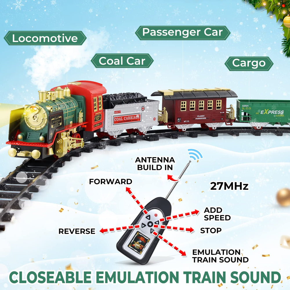 Bright headlights and smoke effect add authentic ambience to holiday train adventures.