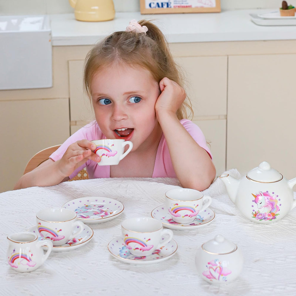 Tacobear unicorn tea set saucers with four matching plates for coordinated serving