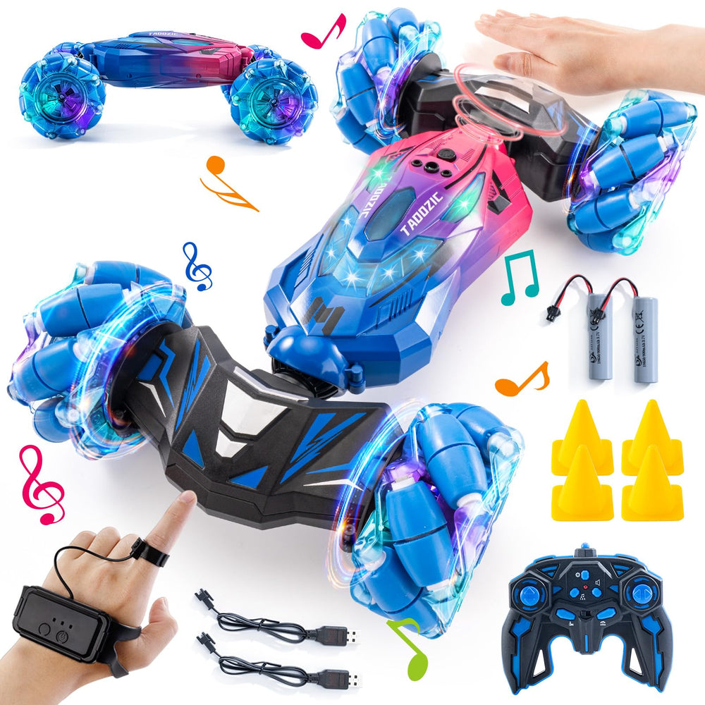 TADOZIC gesture-sensing RC stunt car front view showing energetic LED lights and action-ready stance