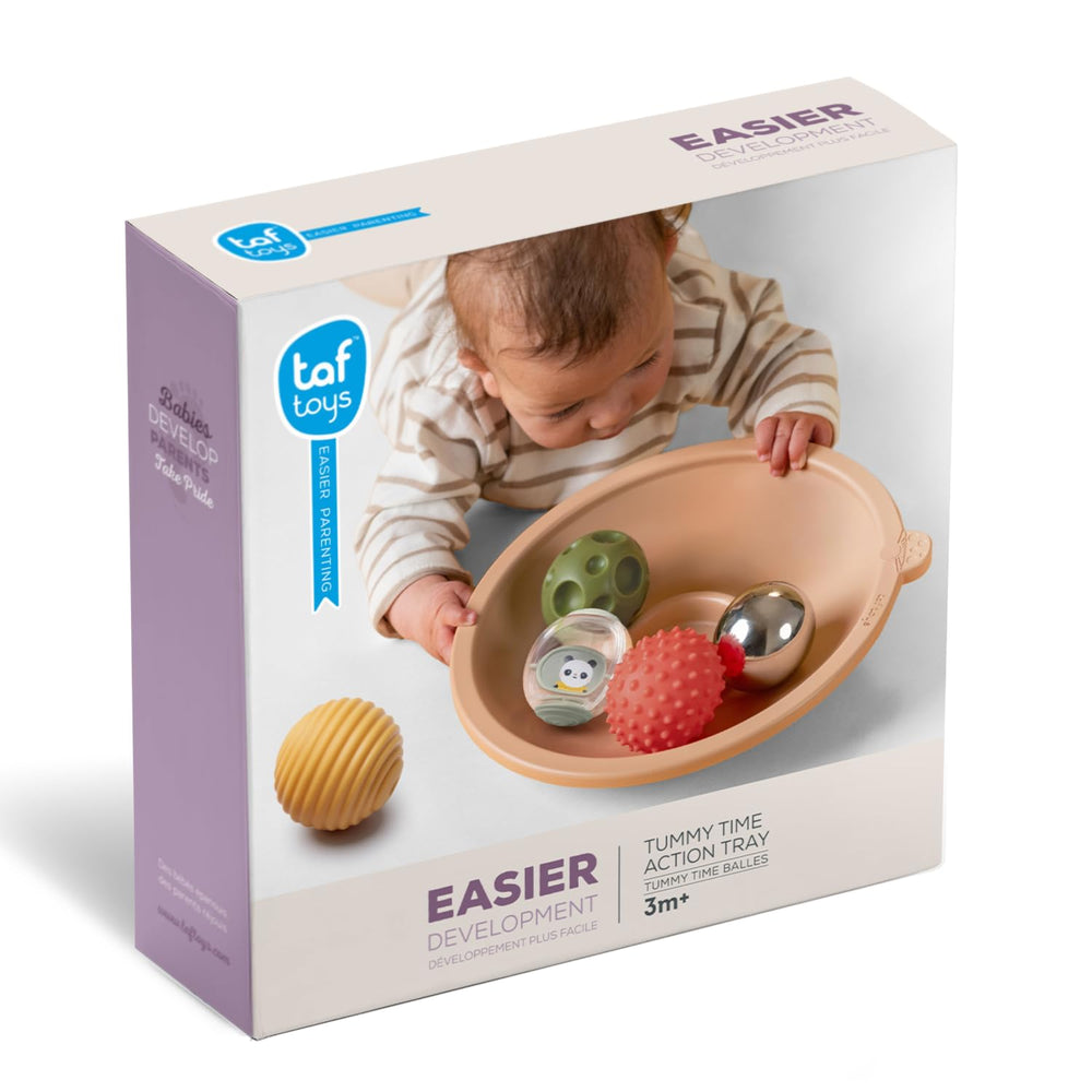 Taf Toys five sensory balls with varied textures for tactile exploration during tummy time.