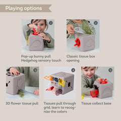Taf Toys ten fabric tissues promote grasping and bilateral coordination.
