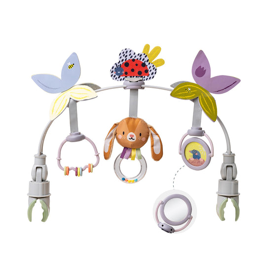 Taf Toys activity arch attached to stroller showing butterflies for visual tracking