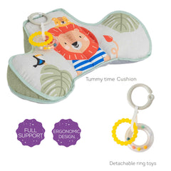 Detachable teether and rattle on Taf Toys cushion for exploration