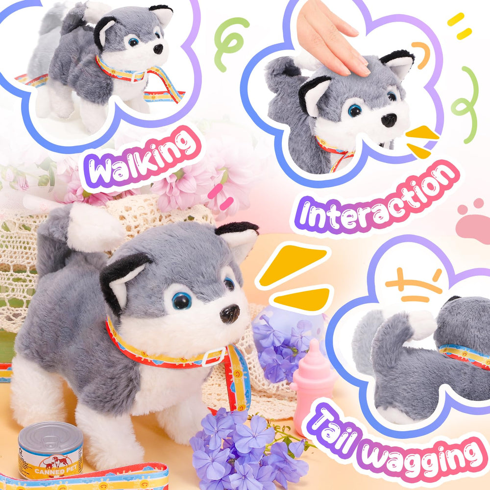 Tagitary plush dog toy demonstrates walking motion to engage kids.