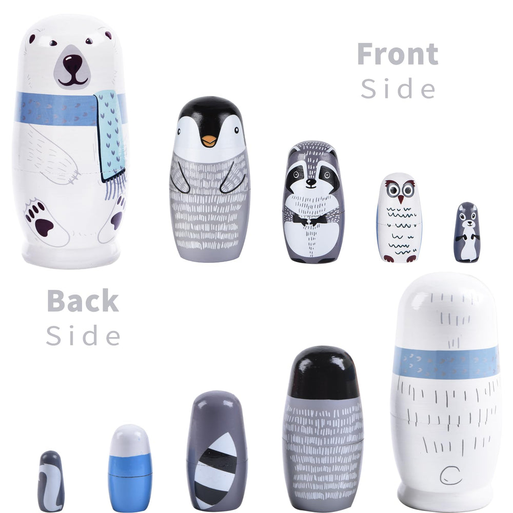 TAILERRI Nesting Dolls inner layer raccoon motif fosters constructive play.