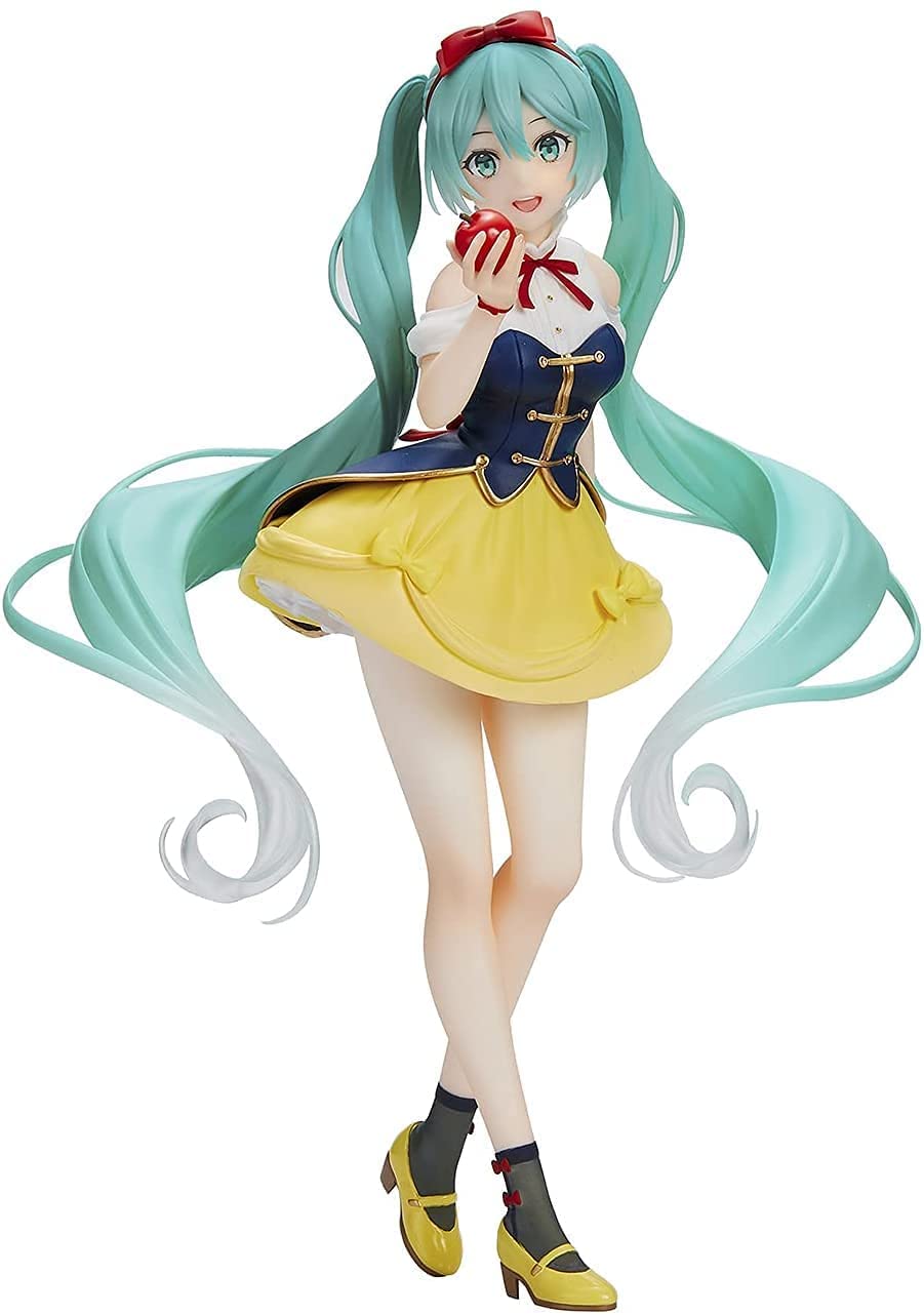 Taito Hatsune Miku Wonderland Snow White figure on display shelf with turquoise twin tails.