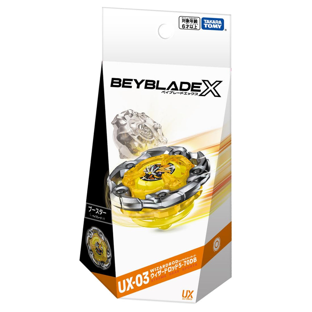 Takara Tomy Beyblade X UX-03 launcher-ready booster wizard rod for easy setup.
