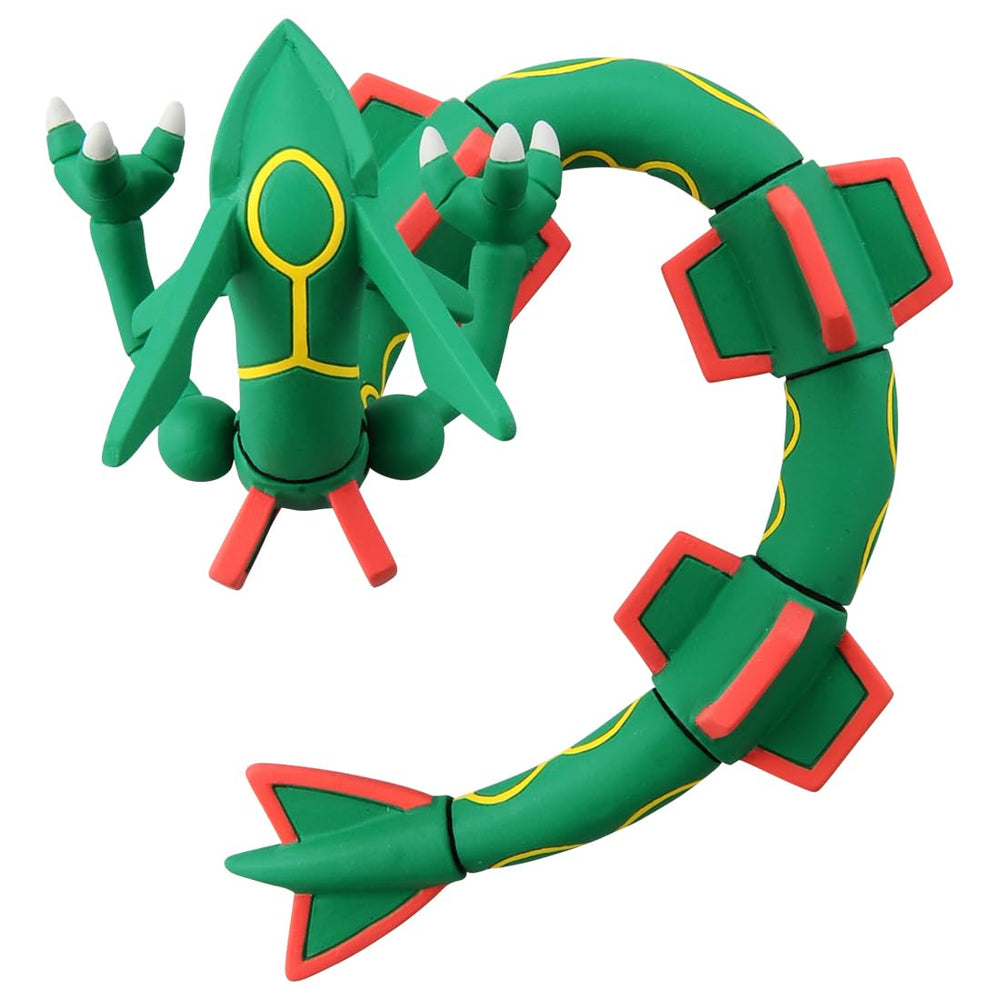 Takara Tomy Moncolle Rayquaza figure side view, poseable arms enhance posing.