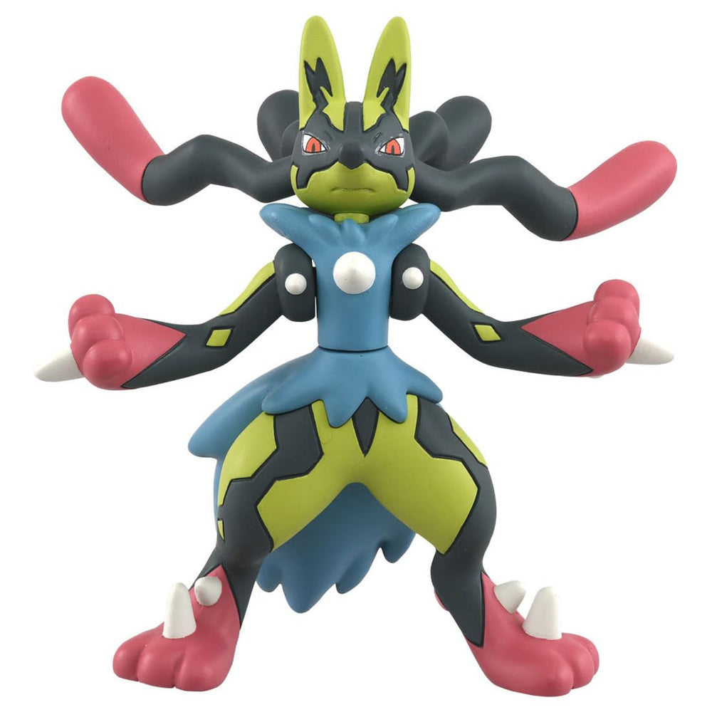 Takara Tomy Yellow Mega Lucario Moncolle front view for display.