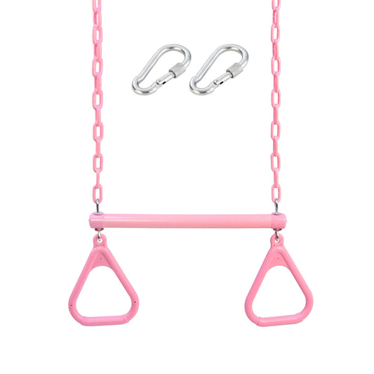 Take Me Away 18-inch pink trapeze bar with rings, easy to install for kids' backyard fun.