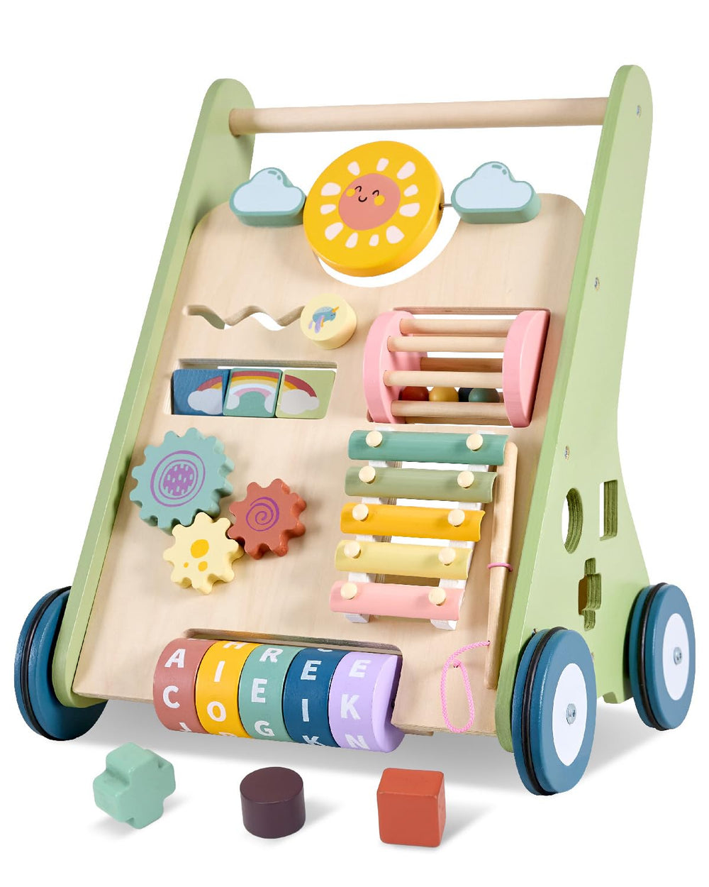 Takeeyce baby push walker with wooden wheels supports early mobility on smooth floors.