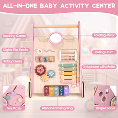Takeeyce wooden walker with eight activities invites cognitive play and exploration.