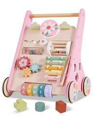 Takeeyce wooden baby walker with wheels showcases sturdy mobility and smooth floor protection.