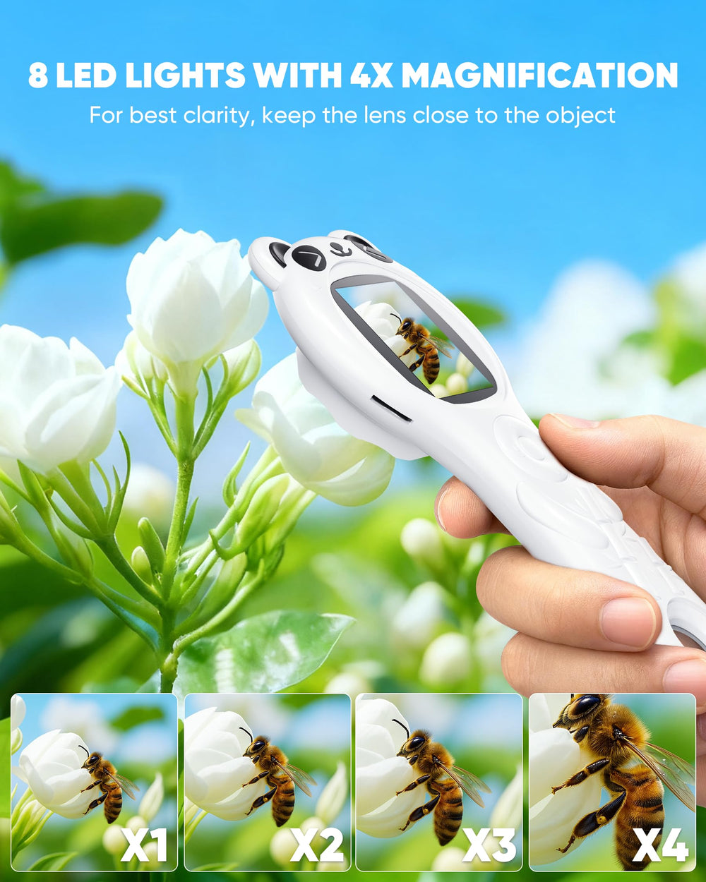 TAKMLY Panda LED-lit viewing with 8 LEDs supports exploration in any lighting.