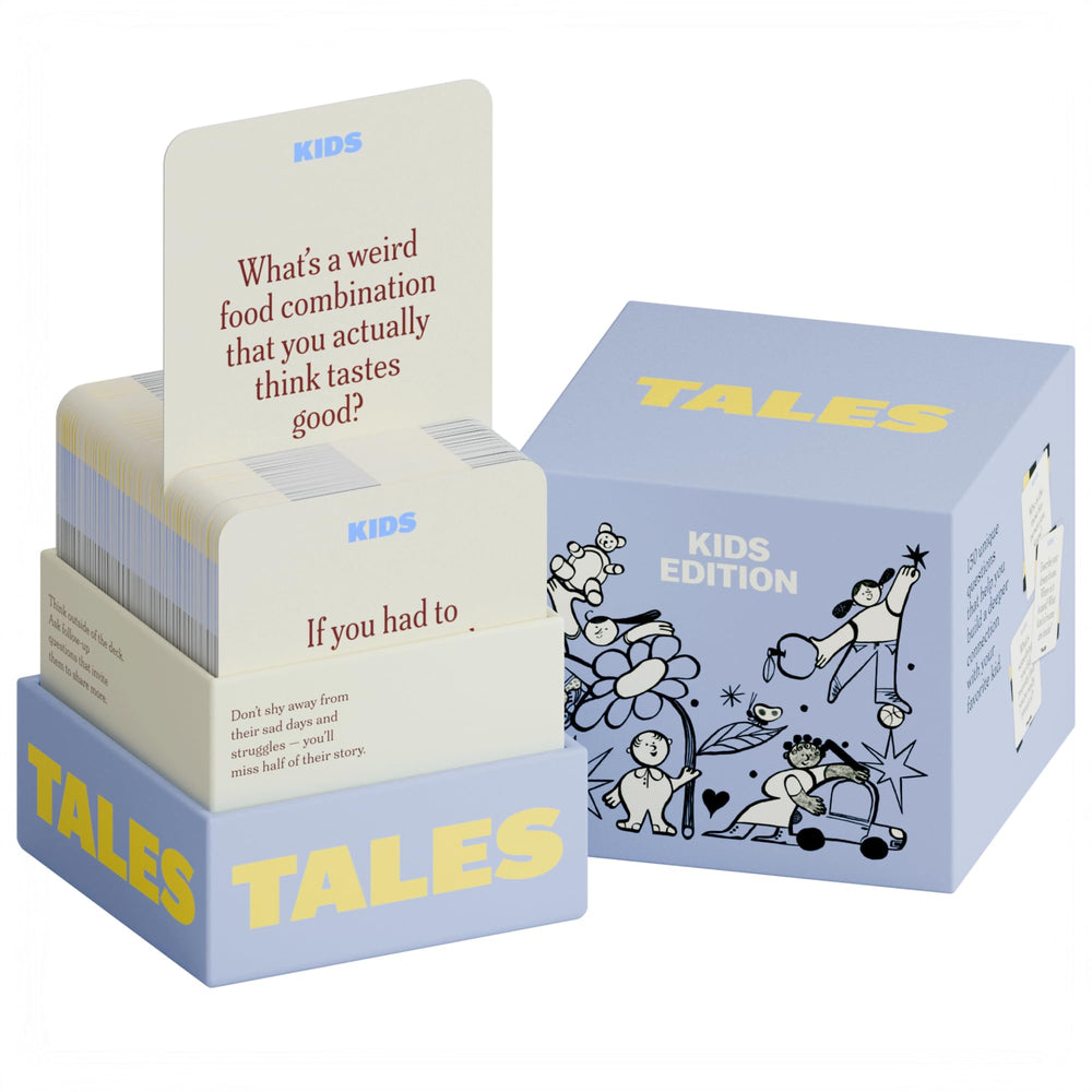 TALES Kids Edition cards in box promote family storytelling at dinners.