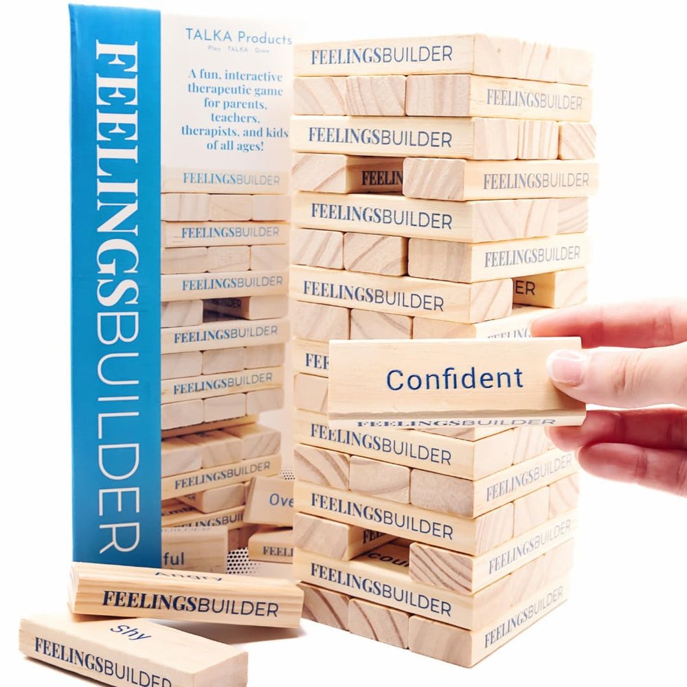 TALKA Feelings Builder tower pieces on a table encourage emotional expression.