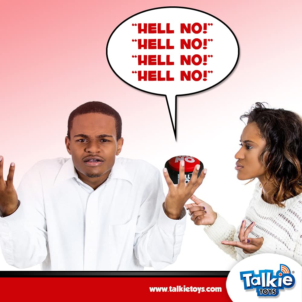 Talkie Toys Hell No Button, in office scene, prompts lighthearted disagreement.