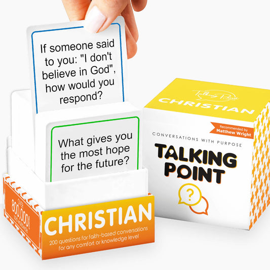 Talking Point Cards 200-card deck on table fosters faith-based dialogue during family game night.