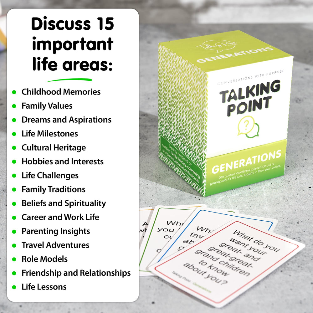 Talking Point Cards Generations Edition memory deck close-up with prompts for reminiscence.