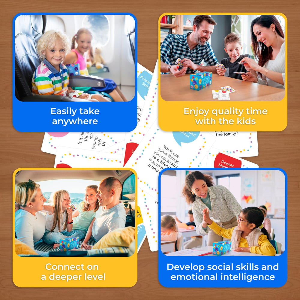 TalkWise 700 cards with color-coded topics, enhances dinner-time chats.
