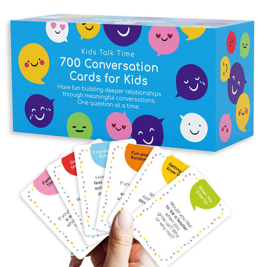 TalkWise 700 cards for kids, color-coded topics, ideal for family night conversations.