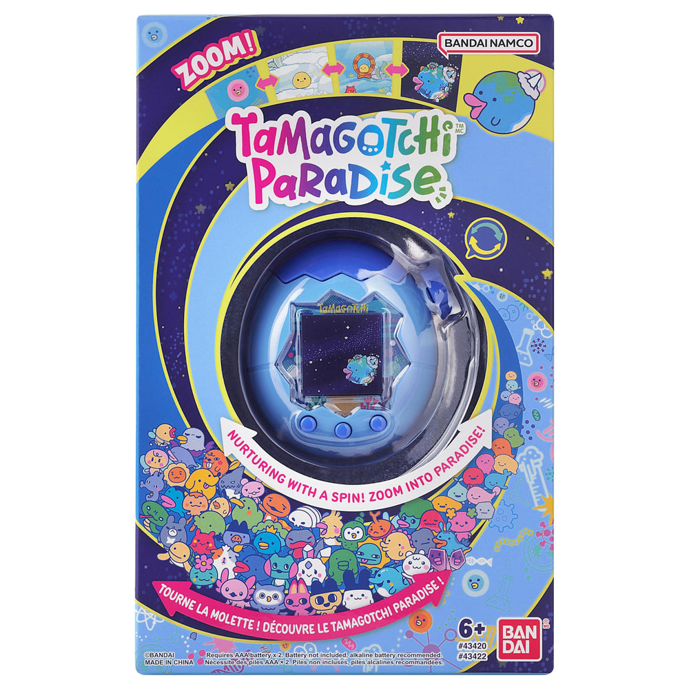 Tamagotchi Paradise Blue Water Lab Mode screen shows new activities and shopping