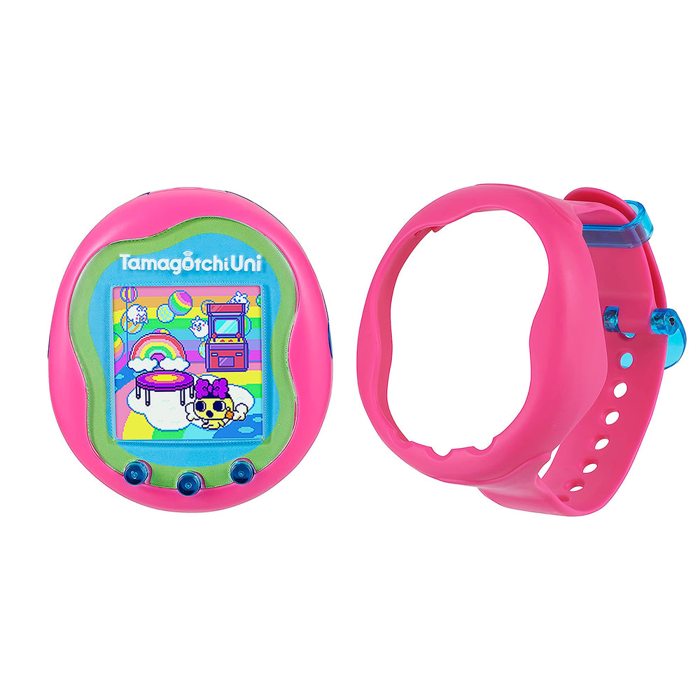 Tamagotchi Uni pink shell on display, showcasing portable, personalized play.