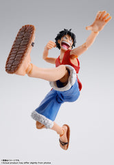 TAMASHII NATIONS Luffy Romance Dawn S.H.Figuarts display-ready figure for shelves.