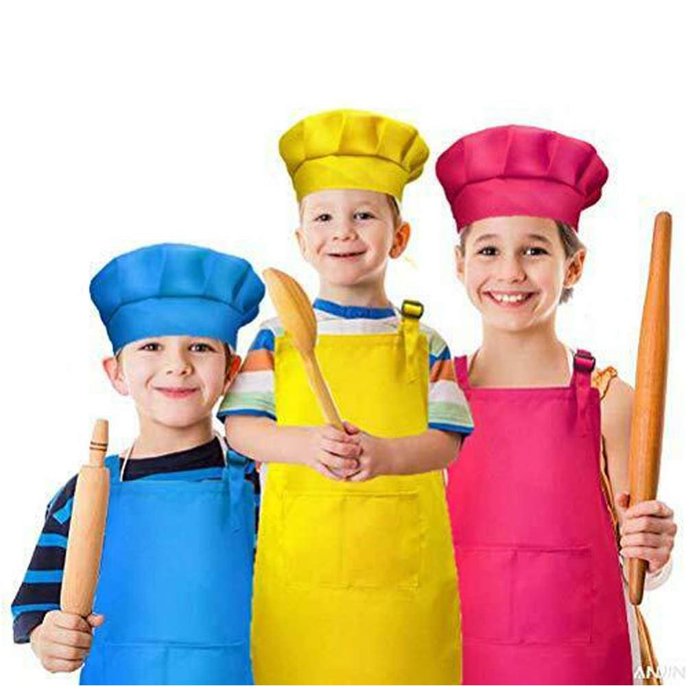Tamicy kids chef hat and apron set in blue protect clothes during art activity.