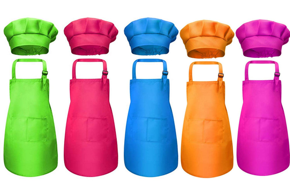 Tamicy kids chef hat and apron set in rose red with pockets for cooking lessons.