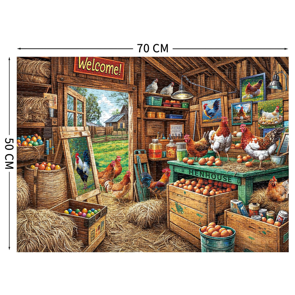 TangComplete chicken coop puzzle materials image shows recycled cardboard for lasting play.