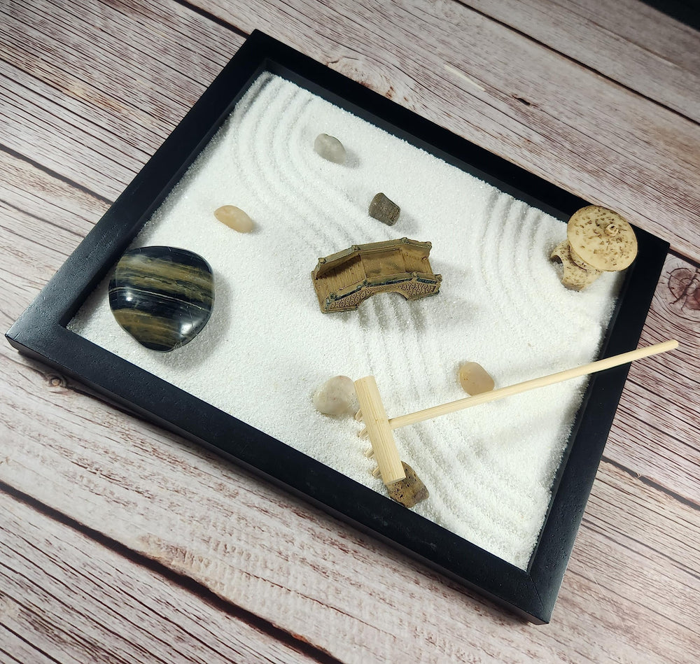 TAPBULL Zen Sand Garden rocks add gentle texture for focus on any desk.