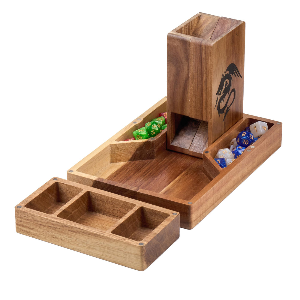 Tapeera wooden dice tower in acacia with smooth finish for tabletop sessions.