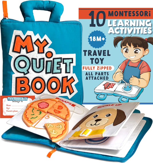 TAVVA My Quiet Book all-parts-attached close-up for mess-free travel activities.