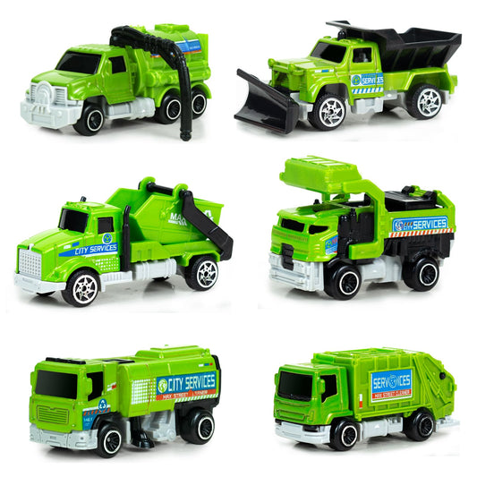 Tcvents 6-pack diecast garbage trucks set for educational imaginative play and city-building scenarios.