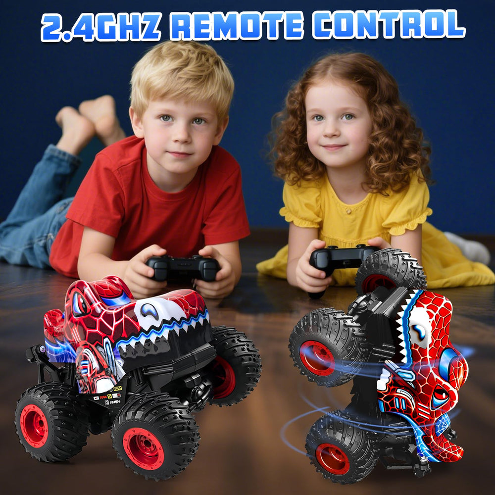 Tcvents spider monster truck performing 360-degree stunts on varied surfaces.