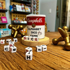 TDC Games Campbell's Alphabet Dice Game alphabet dice close-up highlights colorful letters
