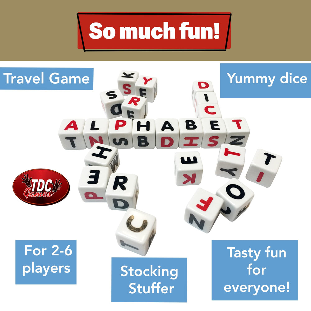 TDC Games Campbell's Alphabet Dice Game travel-friendly case emphasizes portability