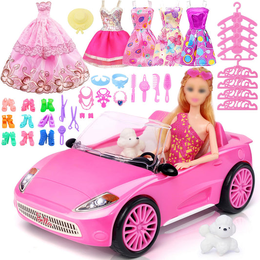 TDDS9 pink convertible doll car with two seats and seat belts for realistic play
