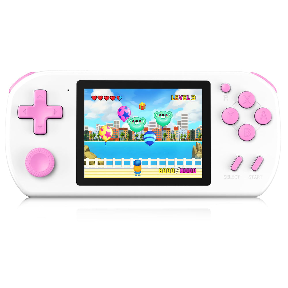 TEBIYOU handheld console front view showing kid friendly design and compact travel readiness