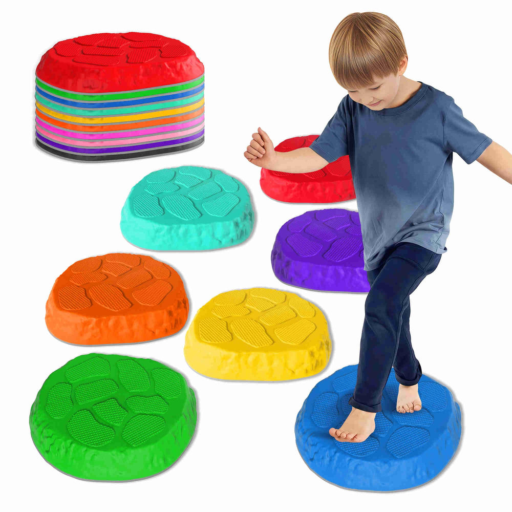 TECKMICO stepping stones colorful arrangement promotes balance and color recognition during play.