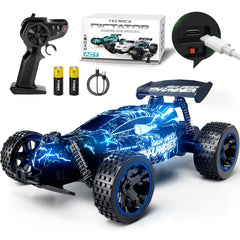Tecnock RC car front view shows a durable shell and LED lights for exciting play