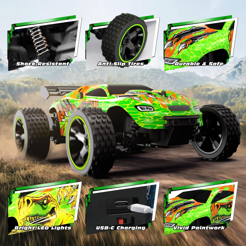 Tecnock RC car uses 2.4GHz remote for smooth, interference-free control up to 100 feet.