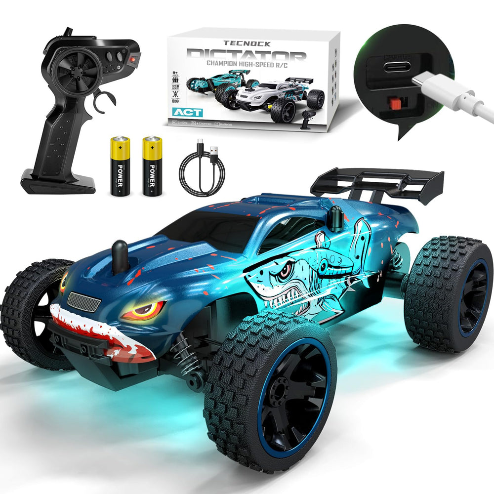 Tecnock RC car front view with shark design and LED lights for night play