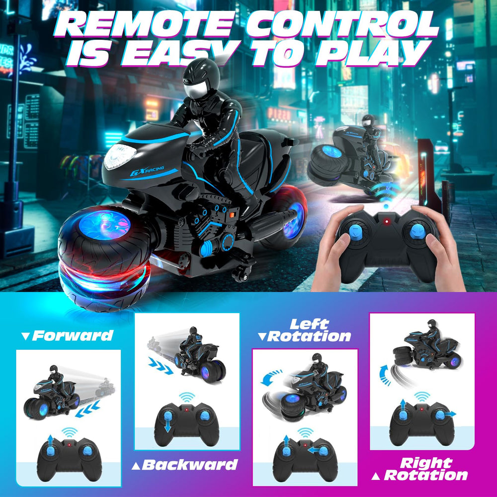 Tecnock RC Motorcycle performs 360° spins for exciting stunt sessions.