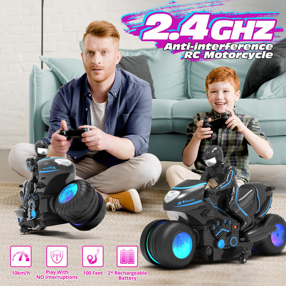 Tecnock RC Motorcycle includes rechargeable batteries for longer play sessions.